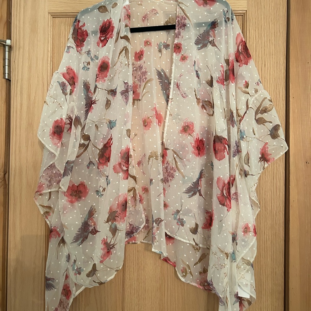 Floral Sheer Kimono Cover-Up – Cream with Pink Floral